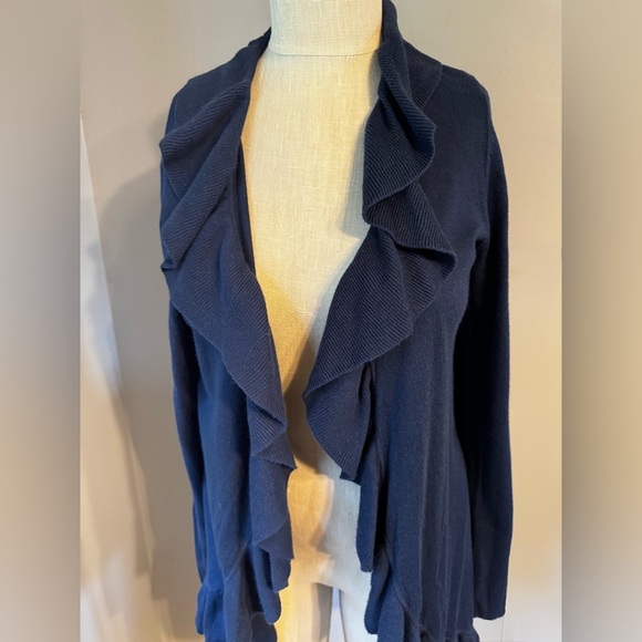 Lilly Pulitzer Navy Blue Cascade Open Front Shirley Ruffle Knit Cardigan Sz M - Picture 4 of 9